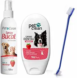 Pet Clean Kit Higiene Bucal, Spray 120ml + Creme Dental 60g, Sabor Morango + Escova de Dente Dupla