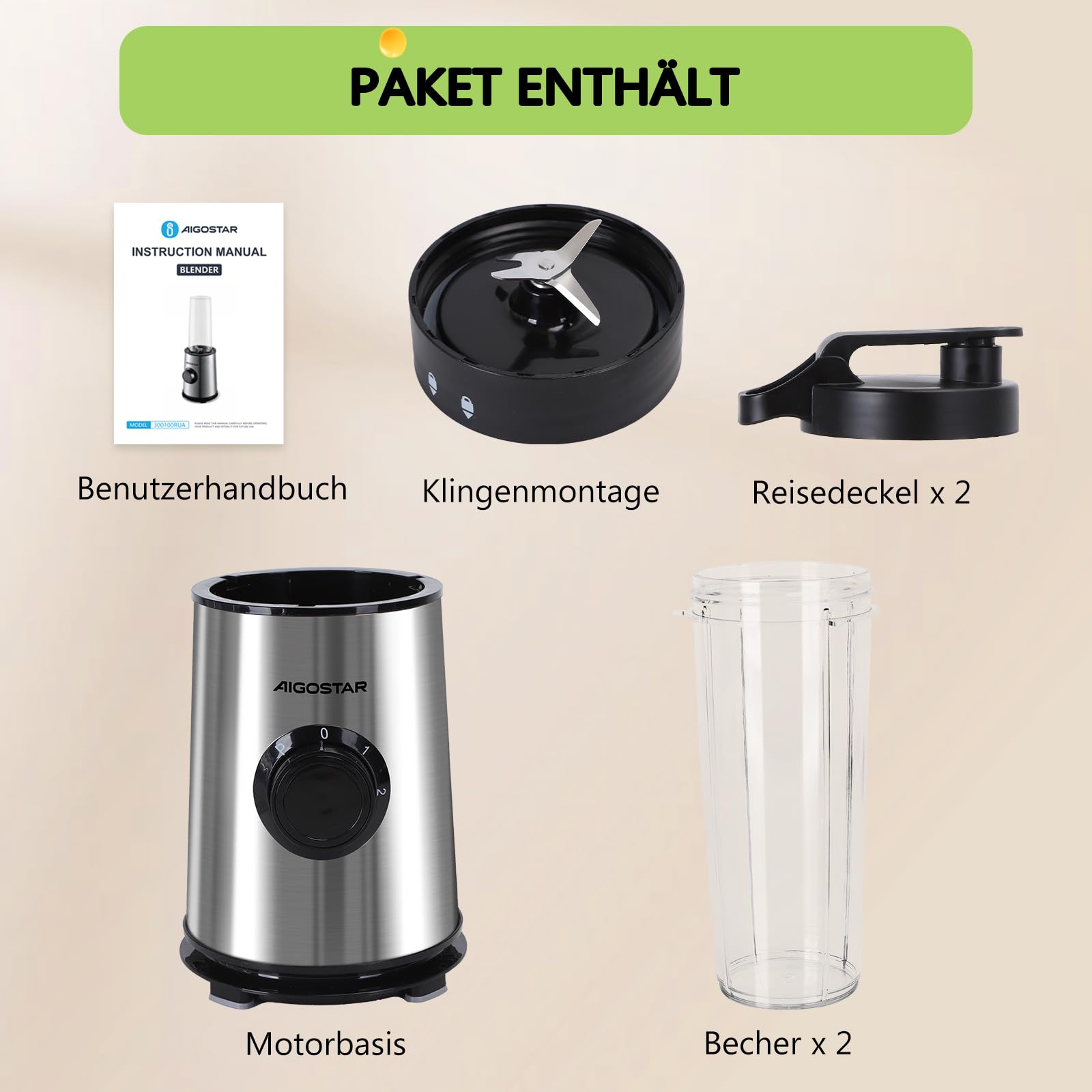 Aigostar Smoothie Maker, Mini Standmixer, 600W, 2 x 800ml Becher mit Reisedeckel, 2 Geschwindigkeitsstufen + Impulsfunktion, Ice-Crush-Funktionmit,Tritan-Kunststoff Flasche, BPA-frei. Baron