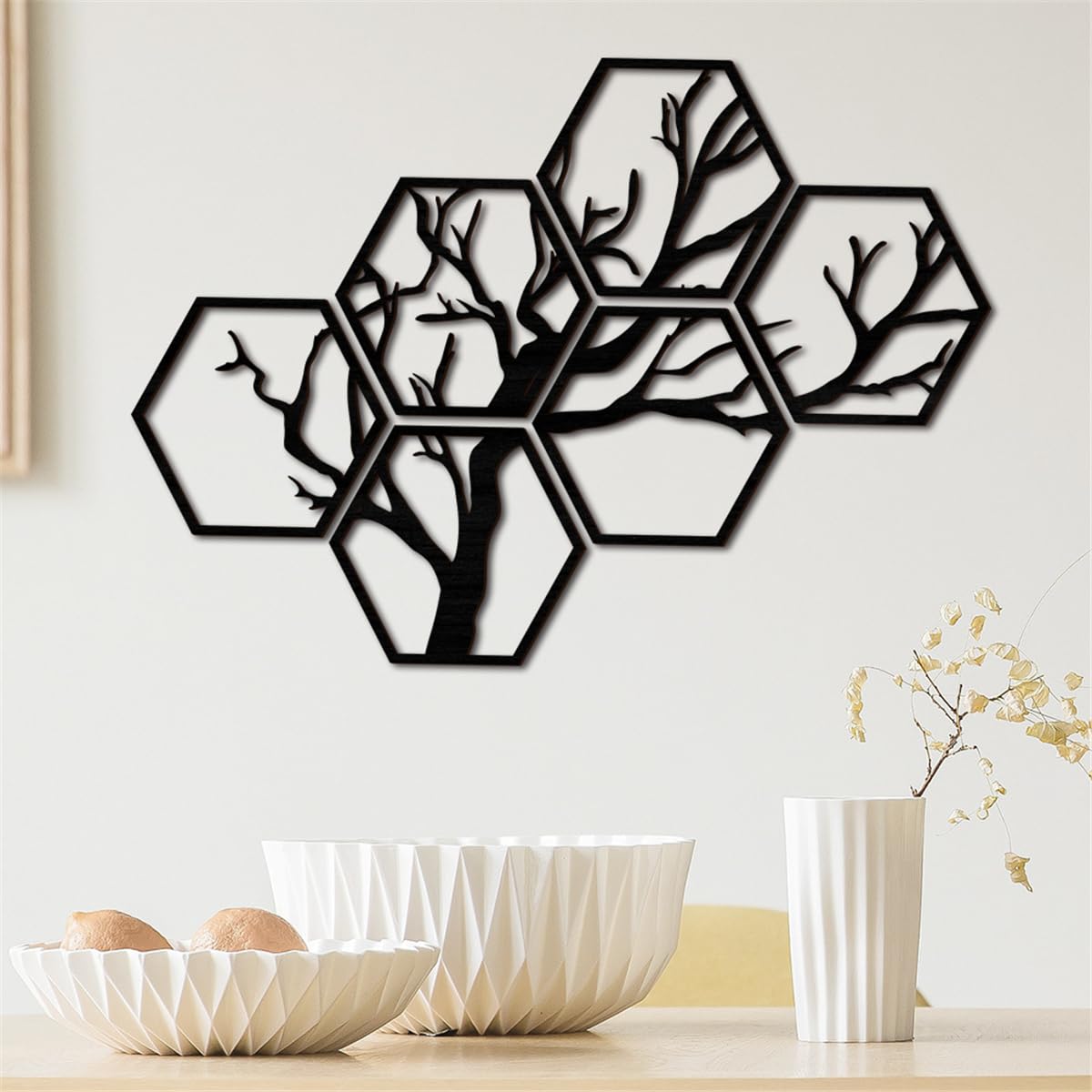 Wooden Hexagon Wall Decor, 6 Pcs Removable 3D Tree Branch Hexagonal Wall Stickers, Hollow Out Boho Wood Art Decor for Living Room, Bedroom, Office, 7.9 x 7.1 inches, Black