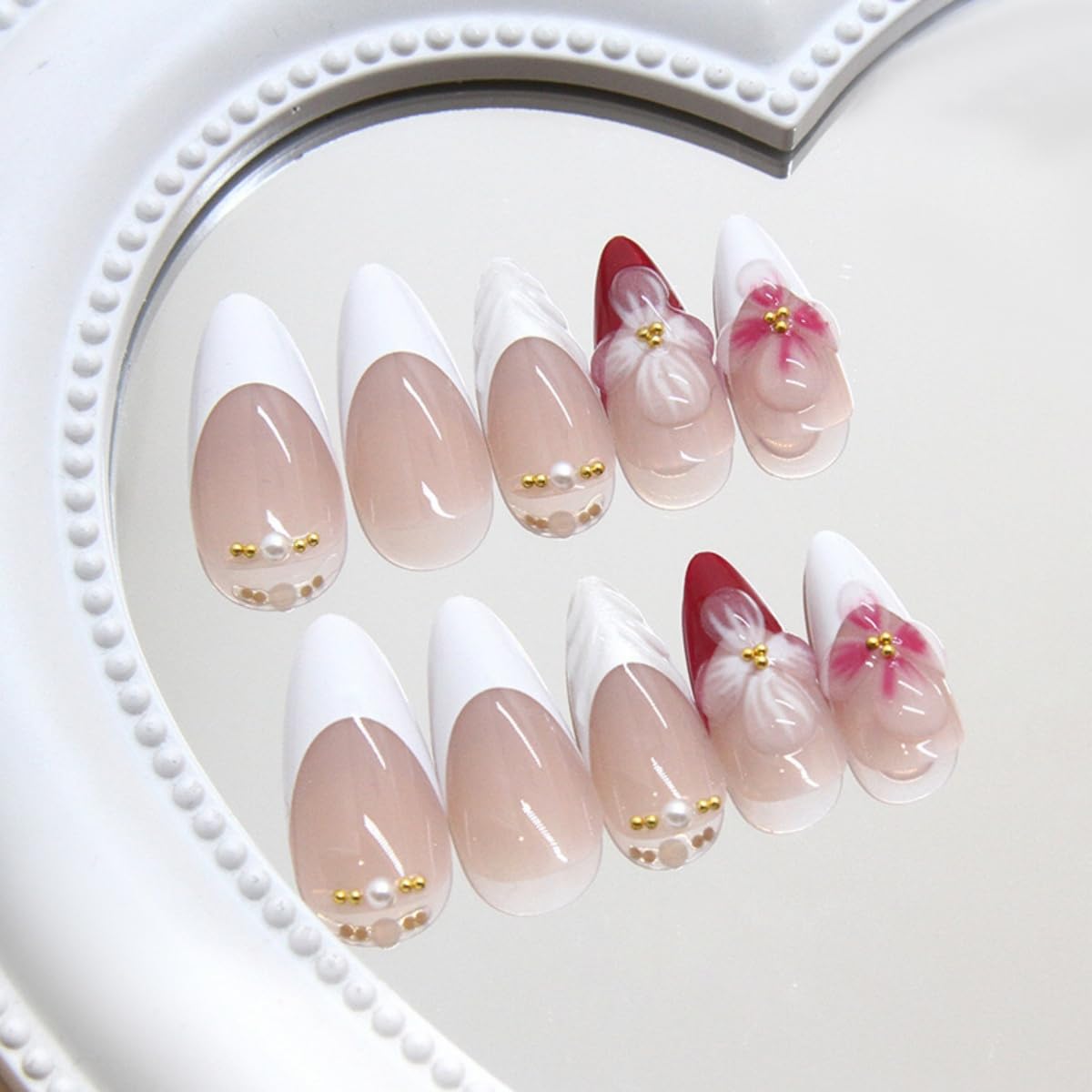JUSTOTRY 24 Pcs Red Flower Almond Press on Nails Short,White French Fake Nails with 3D Sculpting Metallic Pattern,Glossy False Nails Medium for Nail Art,Oval Stick on Nail for Women Gifts - Image 2