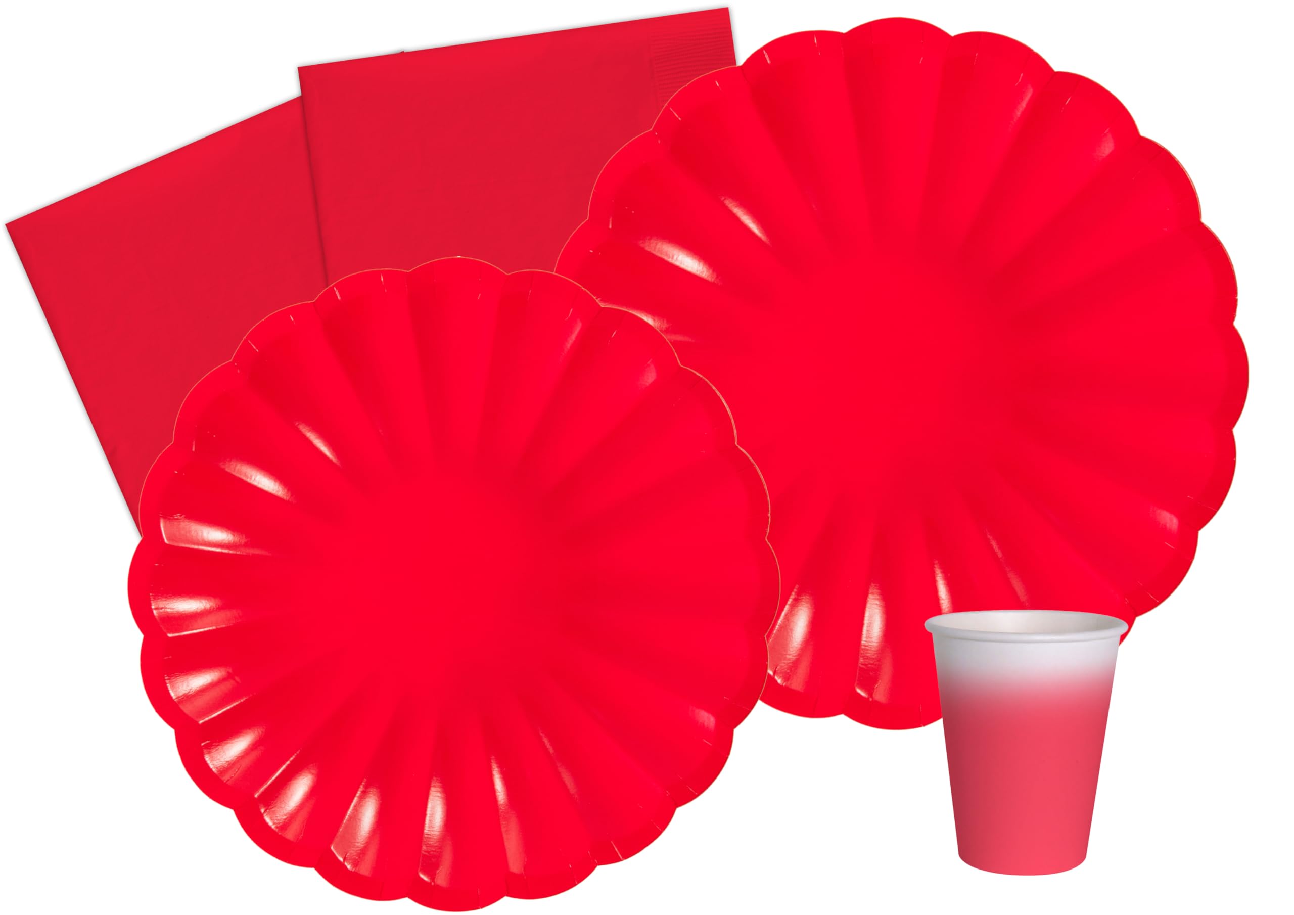Party Tableware Set Flower Shape for 8 people (44 pcs: 8 plates Ø23cm, 8 plates Ø18cm, 8 cups 200ml, 20 napkins 33x33cm) in eco-friendly compostable paper, red