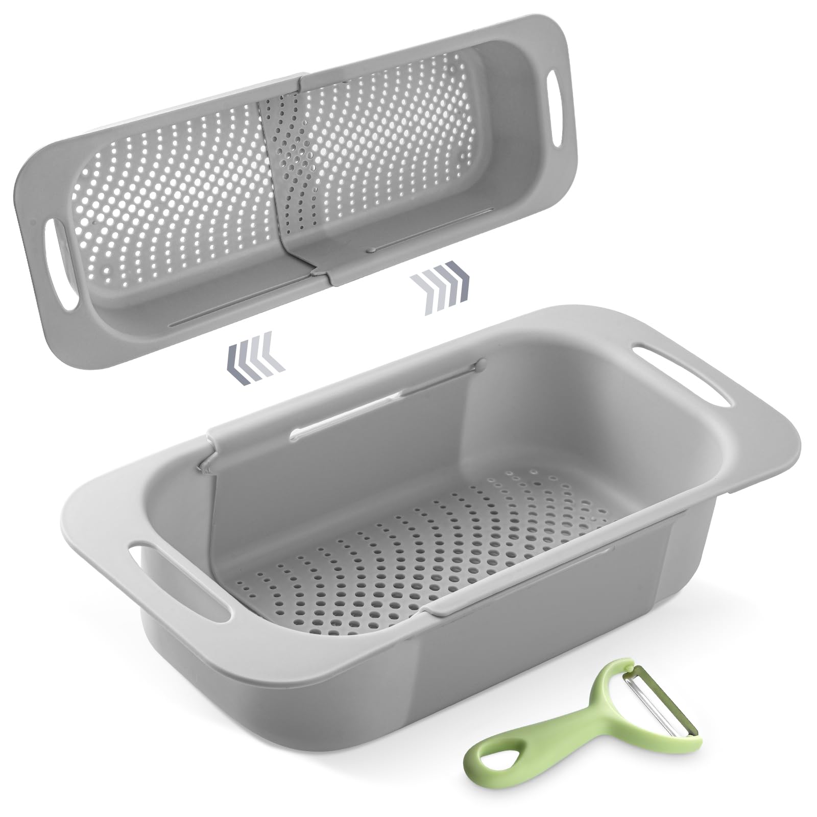 Blue Muumy Extended Long Over the Sink Colander, Wash Vegetables Fruits Collapsible Colander Strainer, 14.5"-19.3" Extendable Kitchen Sink Accessories for Dishes Drying, Vegetable Basket, with Peeler