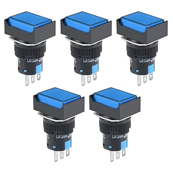 uxcell 5Pcs 16mm Latching Push Button Switch Blue Square Button DPST 1 No 1 NC