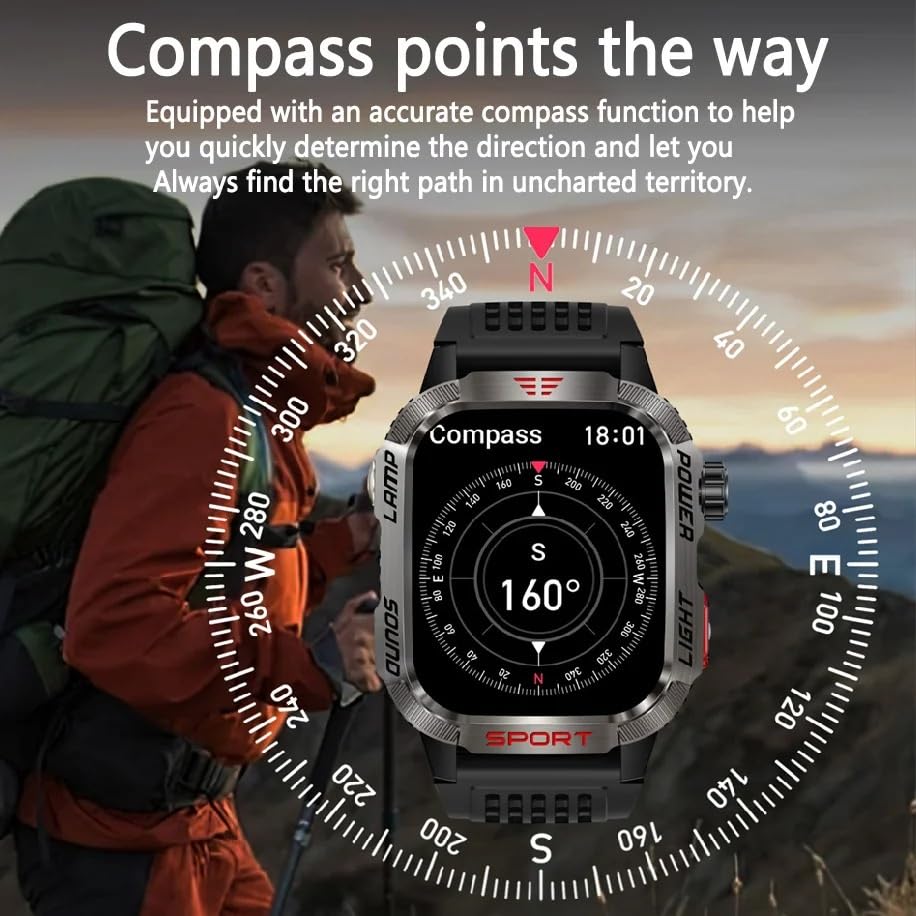 Dla Huawei Smart Watch dla Xiaomi wojskowy GPS inteligentny zegarek męski latarka kompas wodoodporny zewnętrzny sportowy tracker połączenia Bluetooth inteligentny zegarek (czarny silikonowy