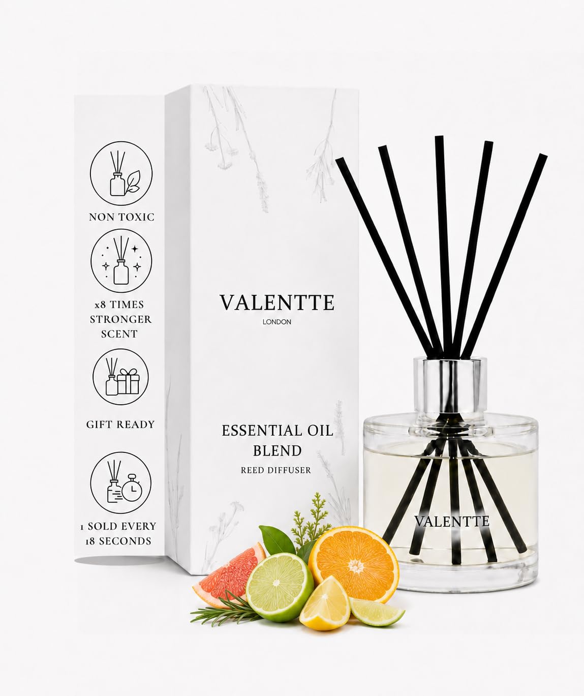 Valentte Reed Diffuser - Mandarin & Grapefruit Scent | Essential Oil Aroma for Home | 100 ml
