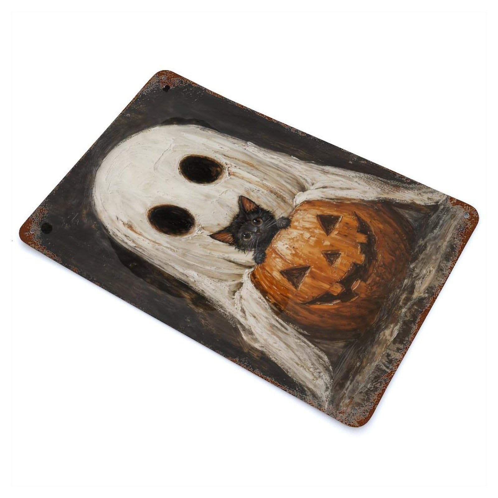 Retro Metal Sign Spooky Cute Ghost And Black Cat with Pumpkin 11.8"x7.9", Decorative Metal Wall Art for Pub, Kitchen And Man Cave Decor