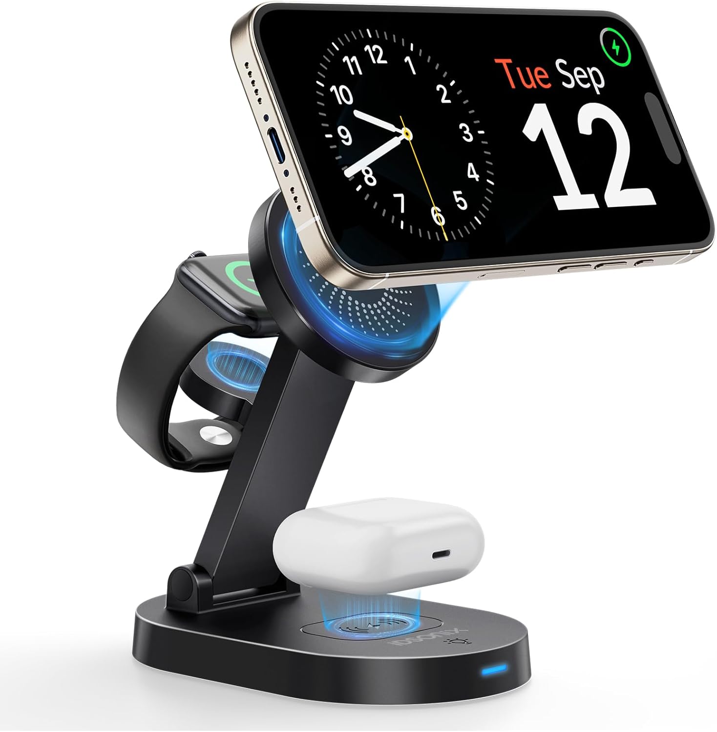iDsonix 3 in 1 Wireless Charging Station for iPhone, 18W Fast Magnetic Phone Charger with Adjustable Stand and Light, Mag-Safe Charger Stand for iPhone 16-12 Series, Airpods, iWatch, White