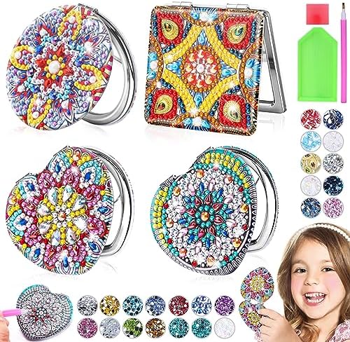 Arts and Crafts Kit Toys for Kids: 5D Diamond Painting Kits for Girls Age 6-12 | Diamond Compact Mirrors for Girl | DIY Crafts Gift Toy for 9 10 11 12 Year Old | 4Pcs Mandala Pocket Mirror for Adults
