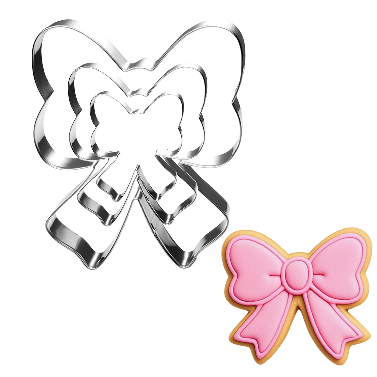 UKoosien Bow Cookie Cutter Set - 3 Pieces (9.6 cm / 7.6 cm / 5.6 cm) - Stainless Steel Biscuit Cutters, Dishwasher Safe - for Cookies, Cakes & Decoration - Ideal for Baby Shower, Wedding and Birthday