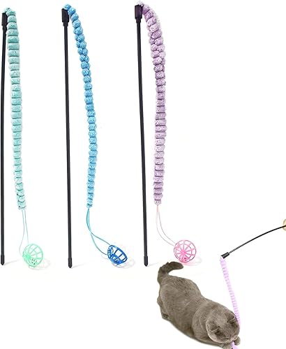 Juguete de varita para gatos, 3 piezas de colores vibrantes, juguete teaser con cola de bola, juguete interactivo para gatos de interior, juguete