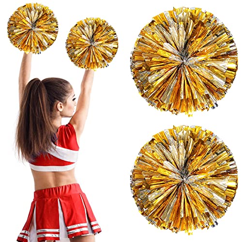 2 Piezas Pompones de Animadora, Porristas Pom Bright Metallic con Anillo de Plástico, Sport Squad Cheer Accessories, Cheers Bola de Flores para Fiesta de Baile Competencia Deportiva (Oro y Plata)