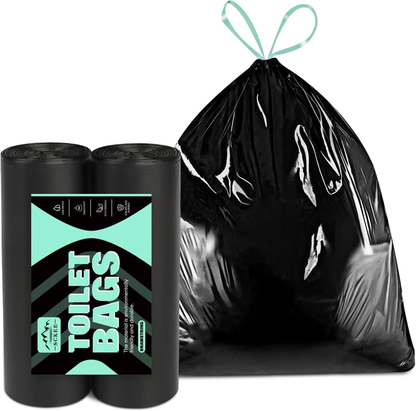 Sckee Paquete de 50 bolsas de basura resistentes, a prueba de fugas, con cordón, bolsas de inodoro portátiles para senderismo, viajes en coche, camión, caravana, barco, viajes por carretera y uso al