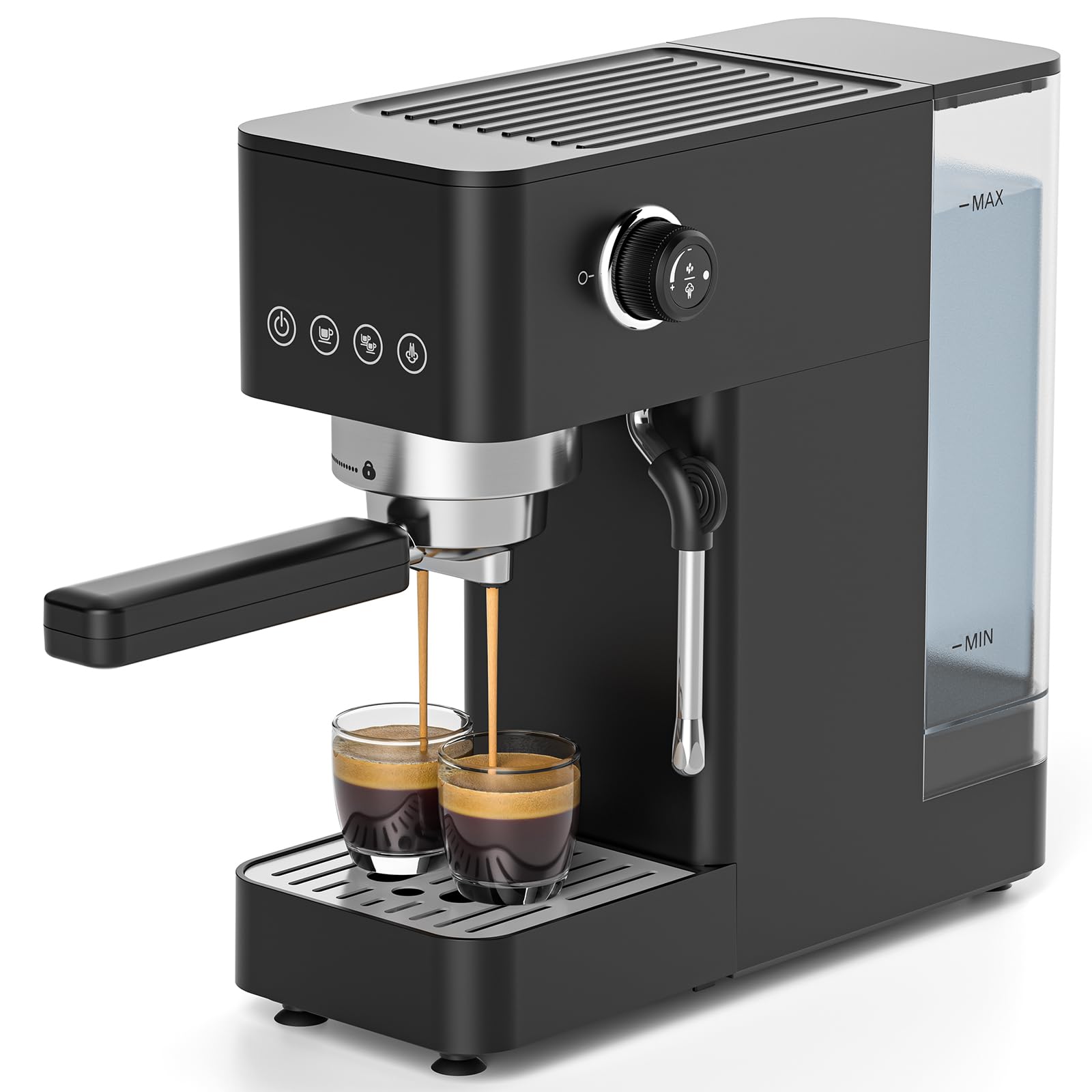 AMZCHEF Portafilter Machine, 20 Bar Compact Espresso Machine, 1350 W, LED Touch Display, 1.5 L Water Tank, Stainless Steel Steam Stick, Manual Milk Frother for Espresso, Cappuccino & Latte, Black