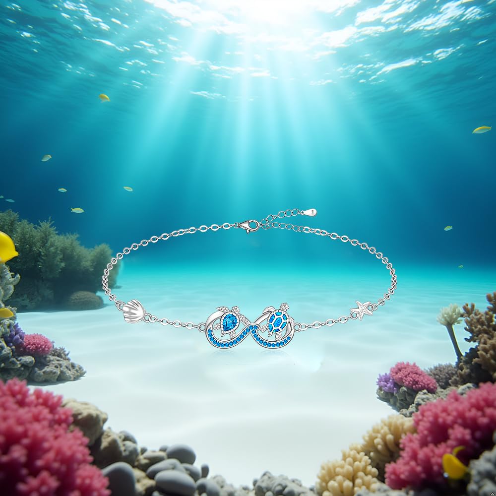 Pulsera de tortuga para mujer, plata de ley, ópalo azul, océano, tortuga marina, dijes de playa, infinito, joyería de tortuga, regalos