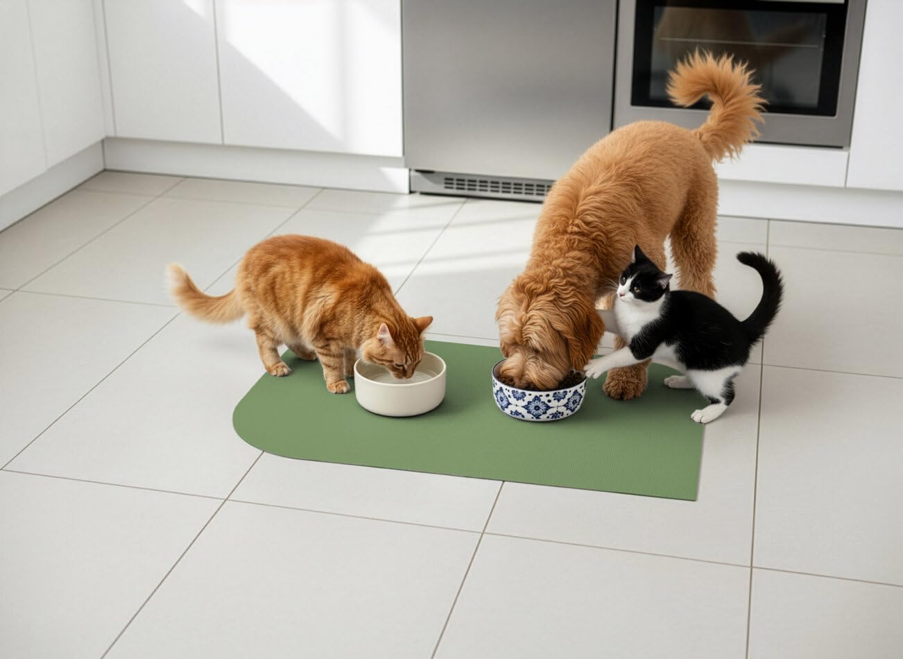 Napfunterlage „Blatt“ – schadstofffrei Öko-Tex Zertifiziert, beidseitig rutschfest & waschbar – Futtermatte für Hund & Katze, Made in Germany Olivgrün 40 x 60 cm
