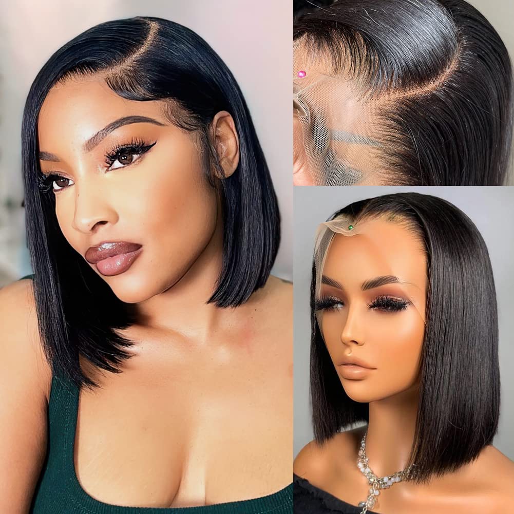 Flady 10 inch Bob Wig Human Hair 13x4 Frontal Lace Wig Straight HD Lace Front Wigs Human Hair Pre Plucked With Baby Hair Glueless Short Bob Wigs for Women 150% Density Natural Color