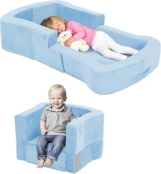 whiffee Toddler Bed, Certified Toddler Floor Bed, 2-in-1 Soft Foldable Toddler Bed Sofa Chair for Baby Kids with Washable Covers Safety Foam Raised Bumper for Grandmas House Camping Hotel