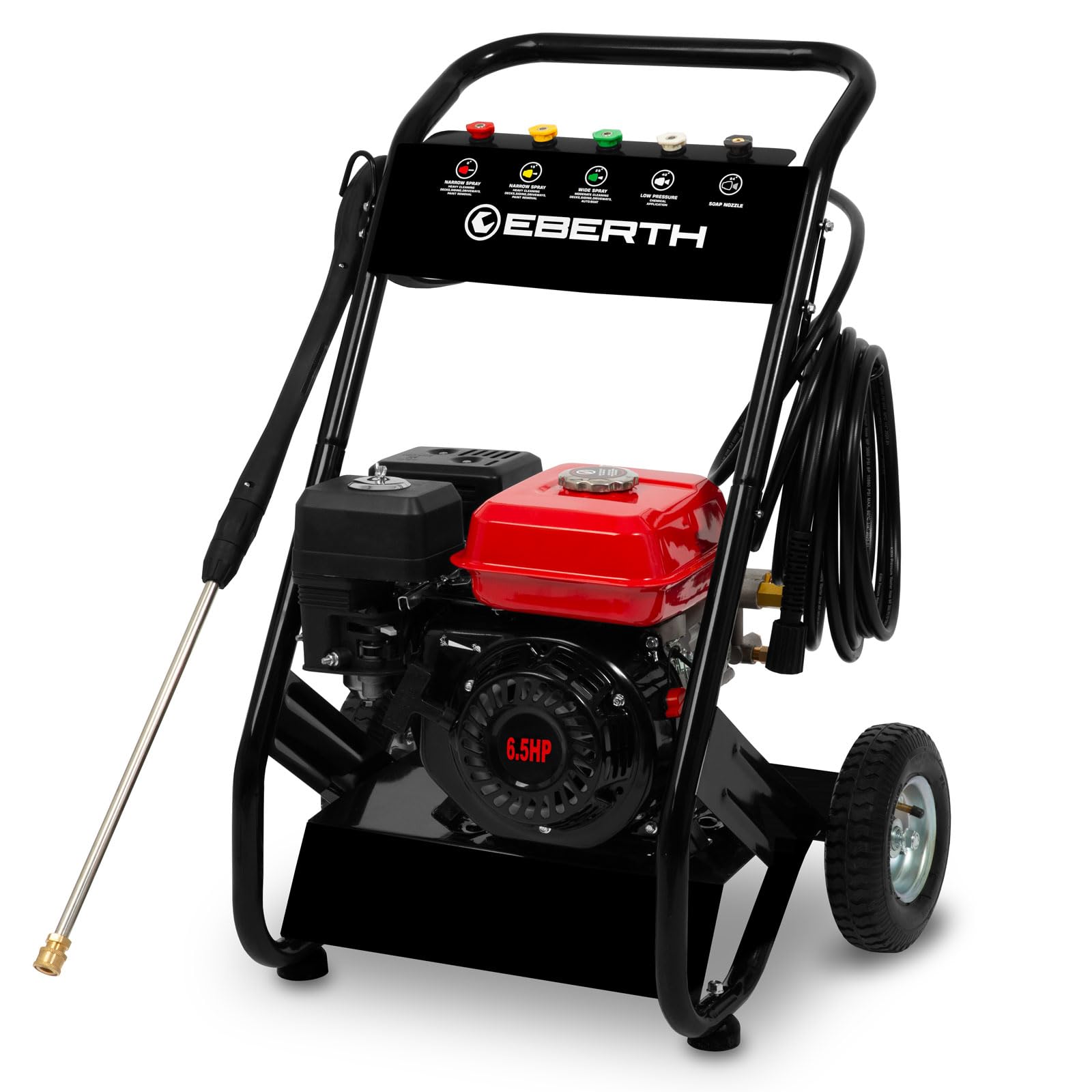 EBERTH 6,5 CV Hidrolimpiadora de Alta presión a Gasolina (210 Bar, 5 Boquillas, 8m Manguera, Pistola de Alta presión, Motor de 4 Tiempos y 196 CC, Arranque rectractil, Seguridad por Falta de Aceite)