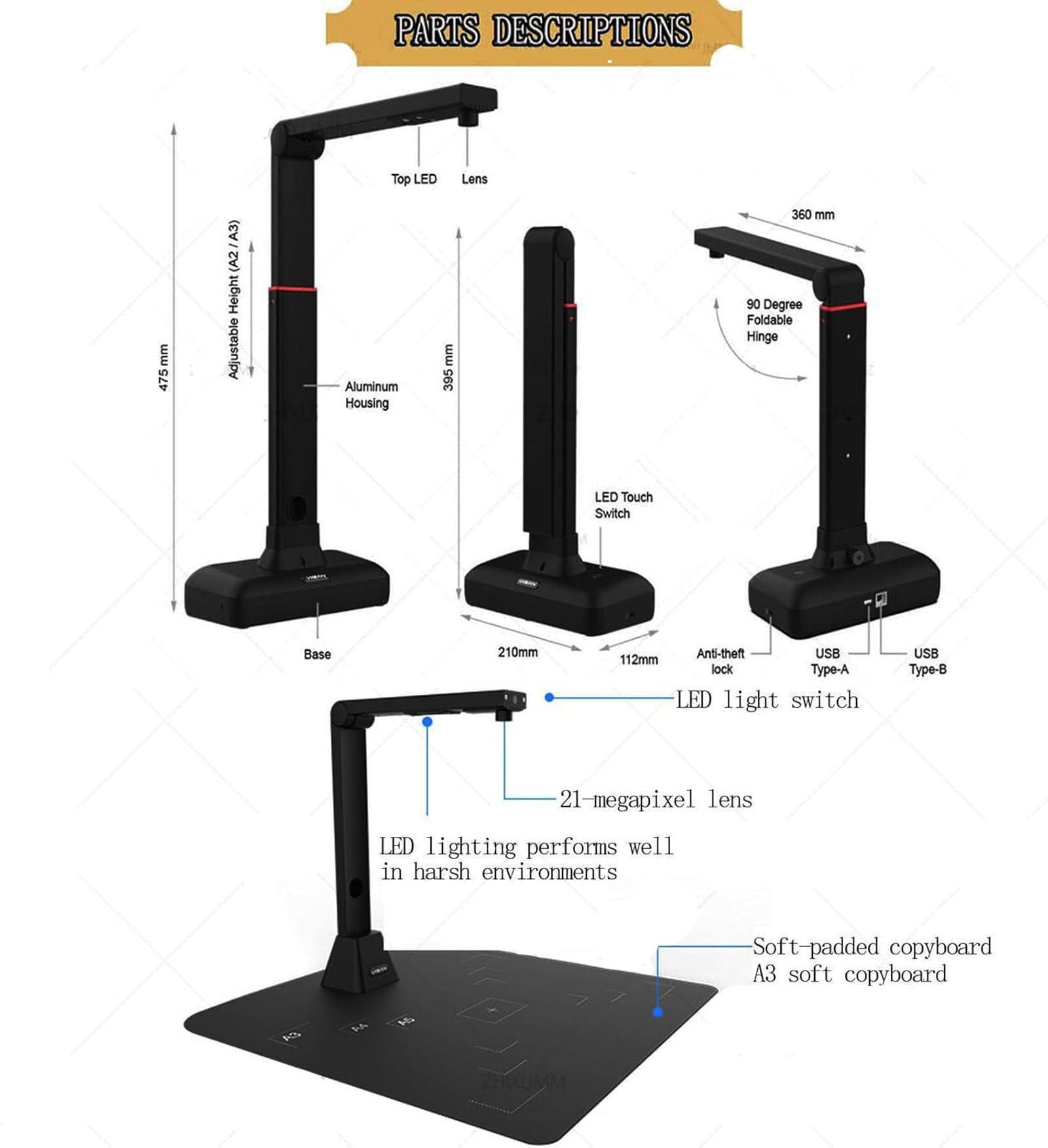Escáner cenital S21 A2, escáner de Gran Formato de 23 MP para Libros y Documentos, tecnología de Suavizado automático de páginas Curvas, detección de Texto OCR, Compatible con Windows