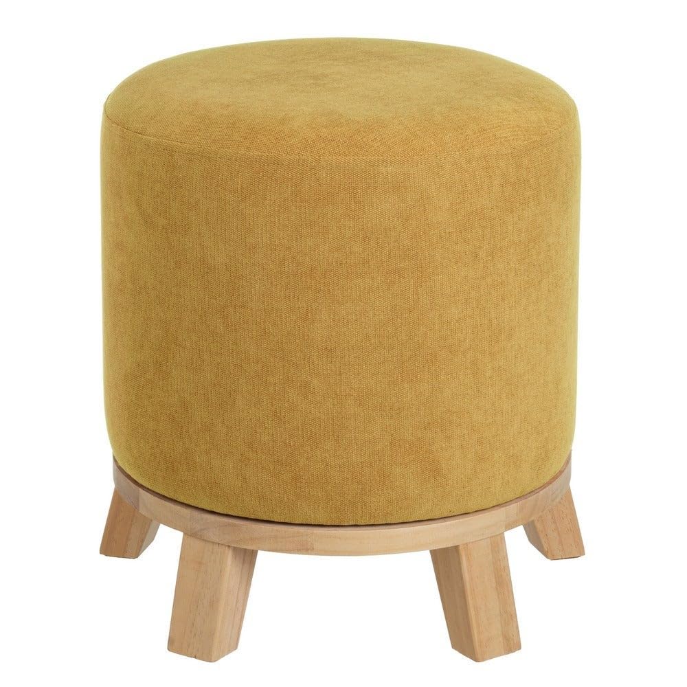 Puff Taburete Redondo tapizado en Chenilla Mostaza con Patas de Madera de 40x45 cm. Úsalo como reposapies o Asiento para tocador. Incluye Patas de Madera de 10 cm. Resiste 100 kg.