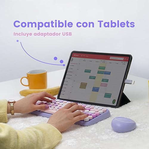 Miniatura 5 de Perixx PERIDUO-713PP ES Conjunto de ratón y Mini teclado inalámbrico 2.4 GHz, Teclas redondas Estilo Retro, para PC y Tablet, Morado Pastel, Español