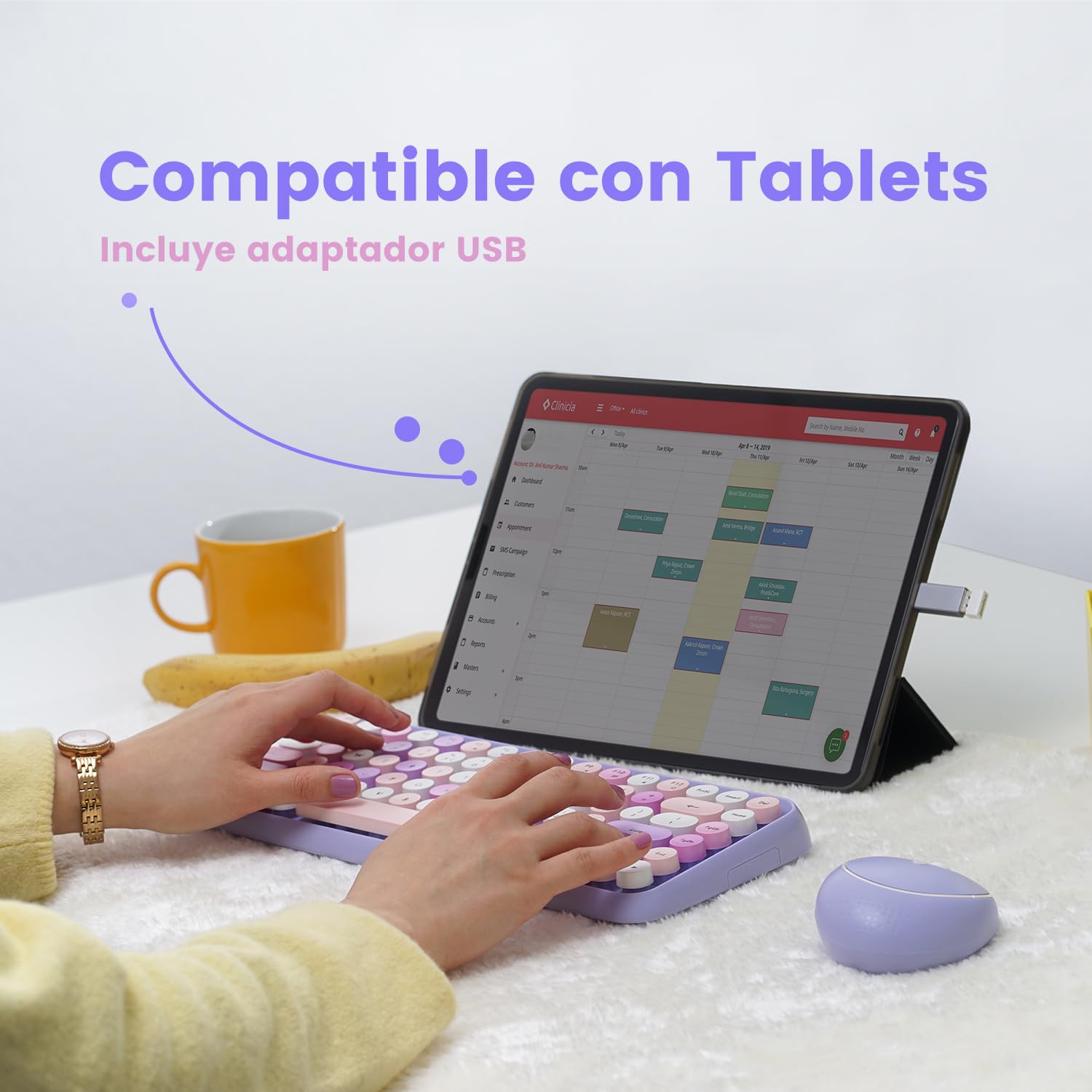 Perixx PERIDUO-713PP ES Set de ratón y Mini Teclado inalámbrico 2.4 GHz, Teclas Redondas Estilo Retro, para PC y Tablet, Morado Pastel, Español QWERTY