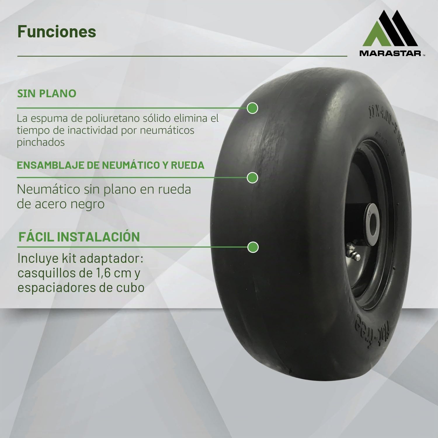 MARASTAR 00232 - Neumáticos y montaje de rueda - Ajuste universal - Flat-Free - 11 x 4.00-5 - Neumáticos de repuesto para cortacésped Zero Turn - Superficie de rodamiento lisa - Kit adaptador incluido