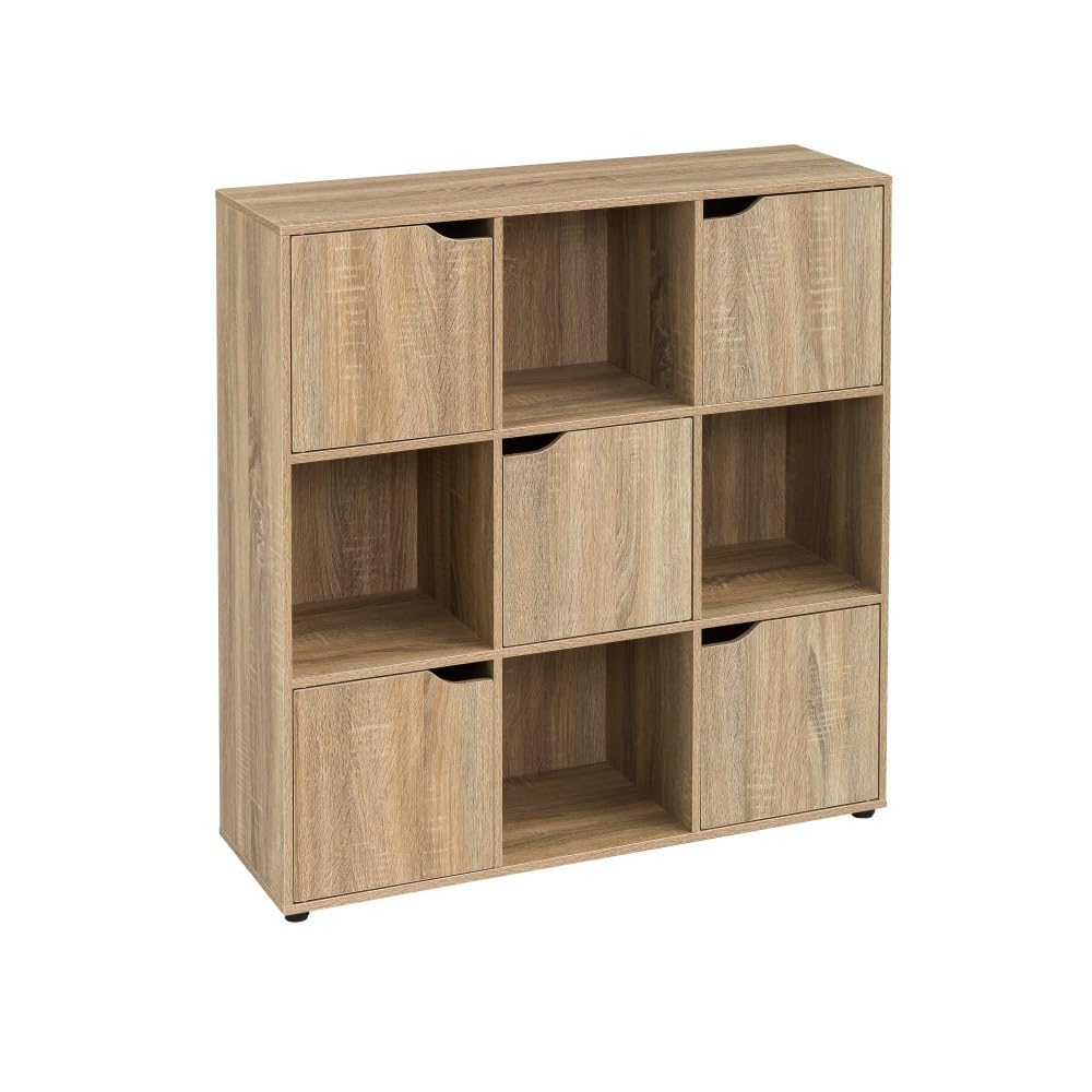 LOLAhome Estantería de Madera, Librería, Estantería Cubo con Puertas y Compartimentos Abiertos, Mueble almacenaje, en Color Natural de 90x29x90 cm para para Estudio,Dormitorio, Salón y Oficina