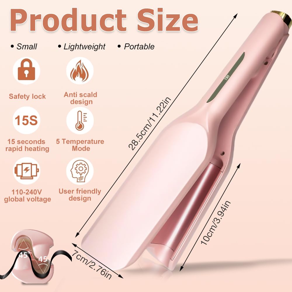 Fer a Onduler Cheveux, 32mm Boucleur a Cheveux, Fer à Onduler, Fer a Gaufrer les Cheveux, Fer a Friser Boucler avec 5 Températures Réglables, Boucleur Wavy pour Tous les Types de Cheveux (Rose)