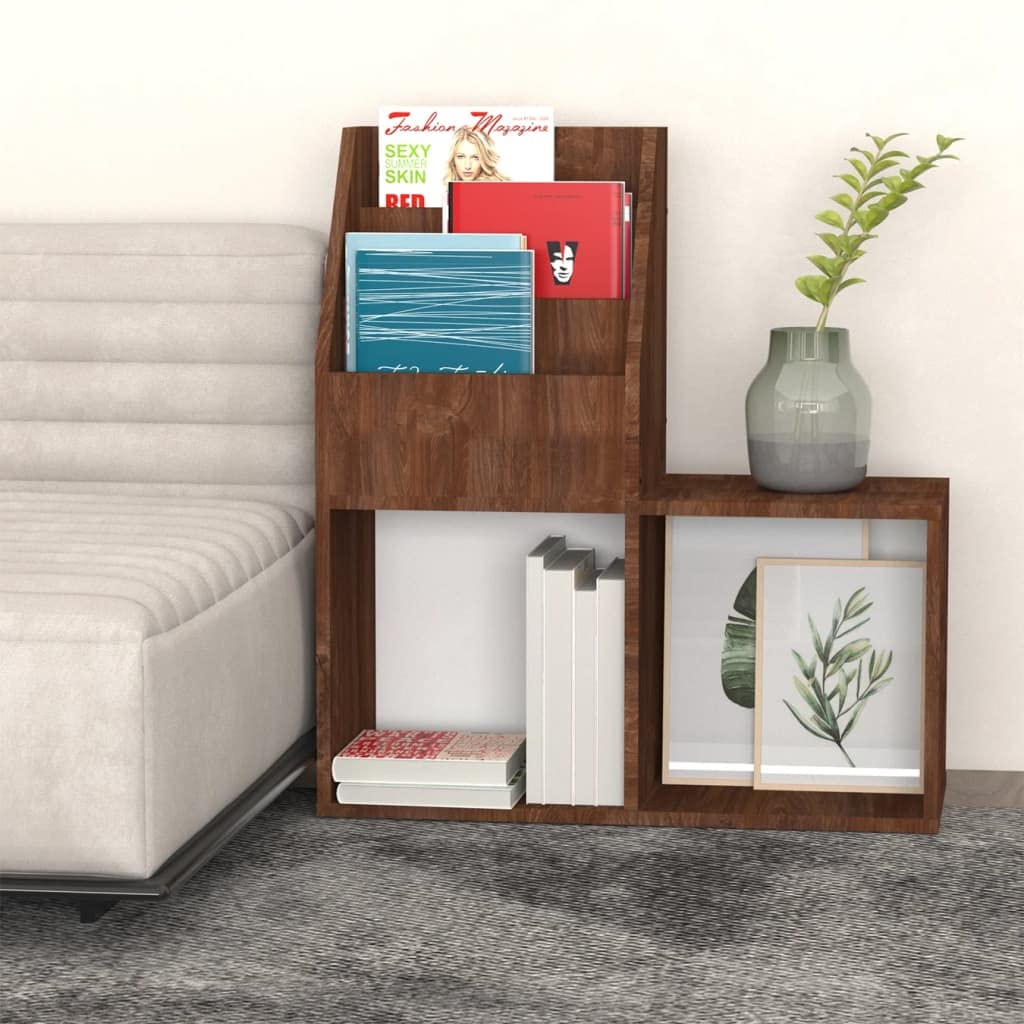 Uchwyt na czasopisma brązowy dąb 71x30x78,5 cm | Solidne drewno konstrukcyjne, 3 przegródki, 2 otwarte półki, przechowywanie książek i pudełek składanych