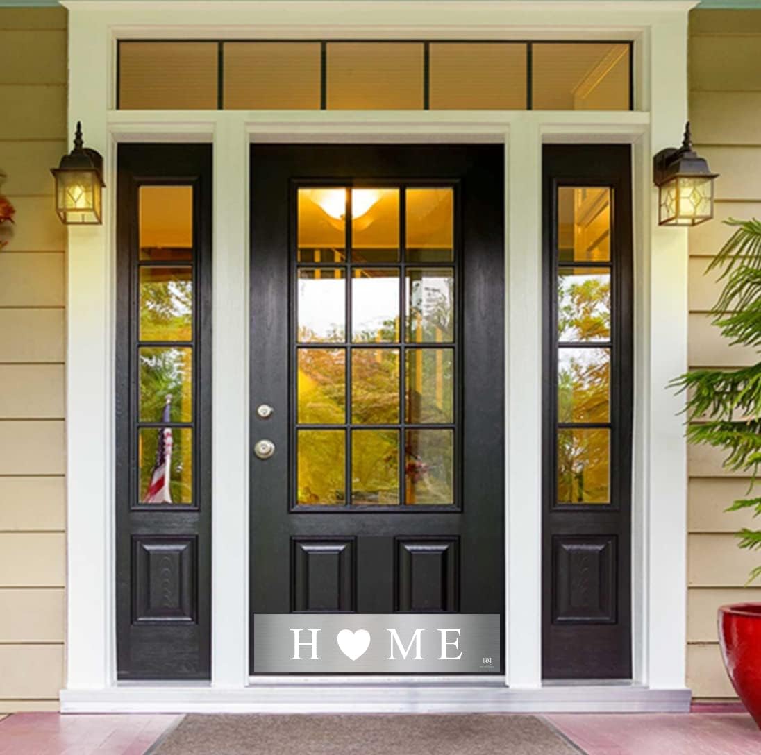 Deck the Door Decor | Door Kick Plate - Engraved"Home" Sign - Anodized Aluminum - 3M Adhesive Mount - Satin Nickel Finish - 8"x34"