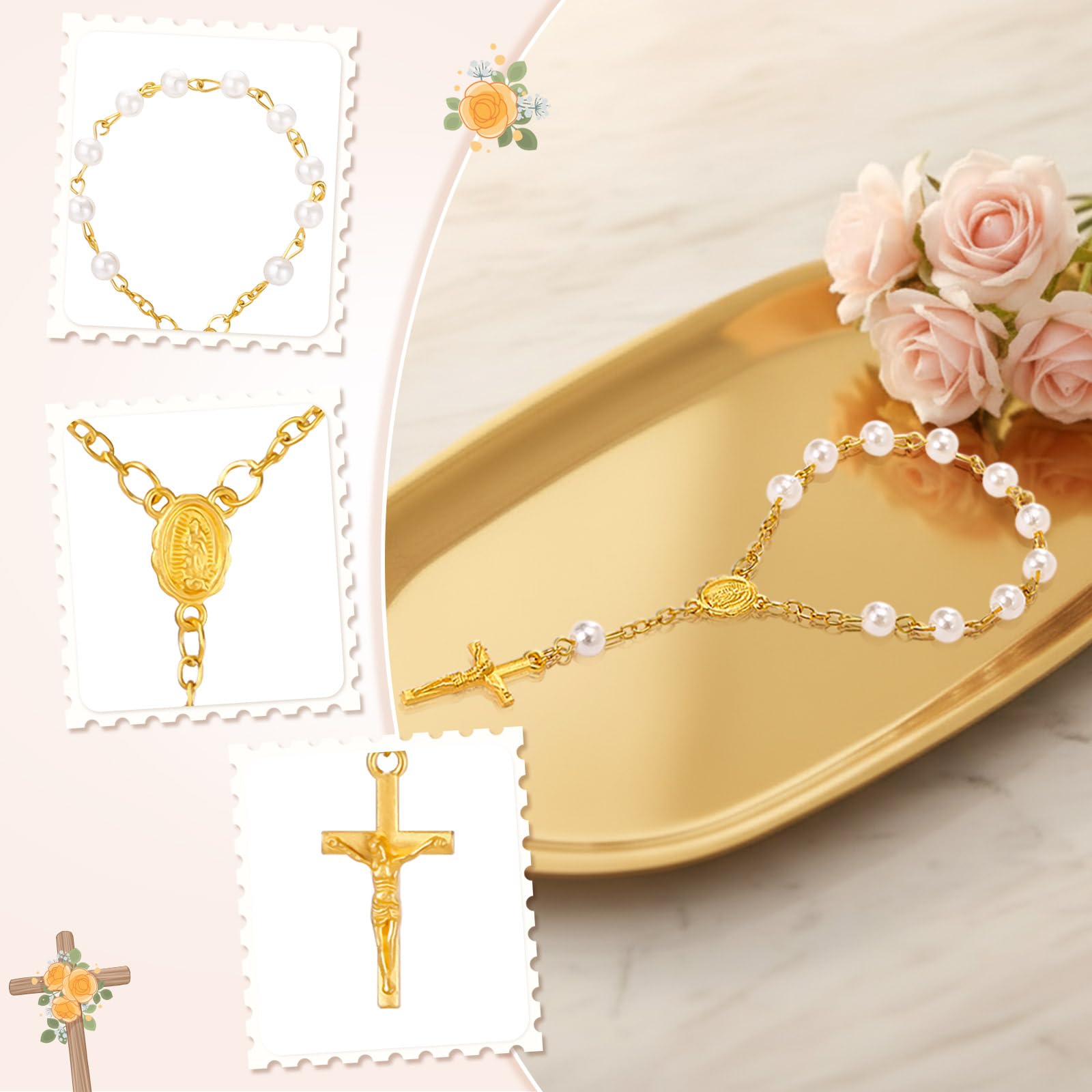 LEMESO 20 Piezas Recuerdos para Bautismo Comunión Rosario con Cruz Decorativo, Regalos Bautizo para Invitados, Detalles de Boda y Baby Shower, Dorado