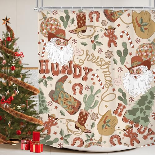 Mitpok Lot de 12 rideaux de douche de Noël - 152,4 x 183 cm - Motif cowboy occidental - Père Noël rétro années 70 - Avec chapeau de cactus - Décoration de salle de bain moderne - En polyester