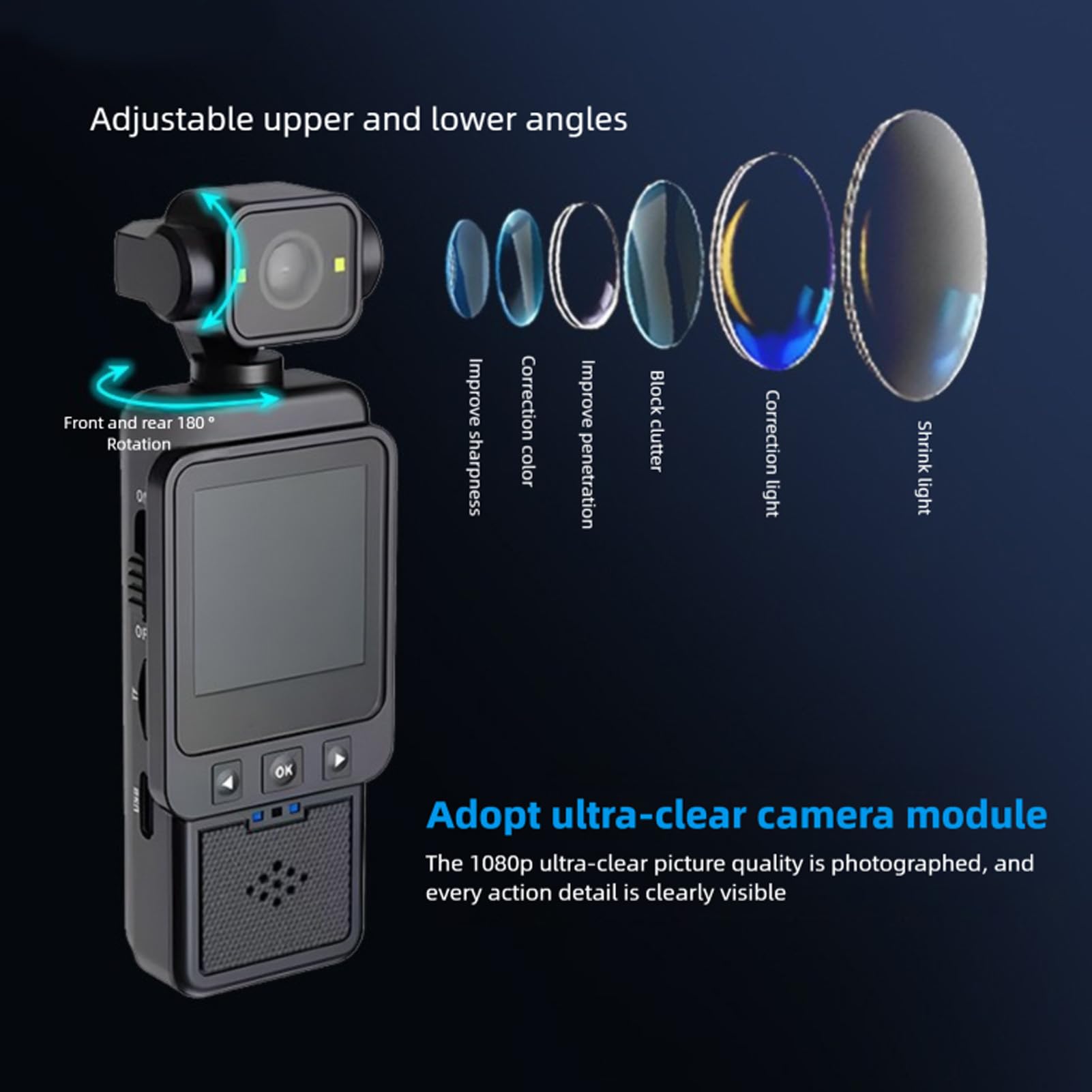 4K-Körperkamera, HD-WLAN, 180 Grad Drehbares Objektiv, Handkamera mit 1,3-Zoll-HD-Bildschirm, LED-Licht, APP für Outdoor-Sportreisen