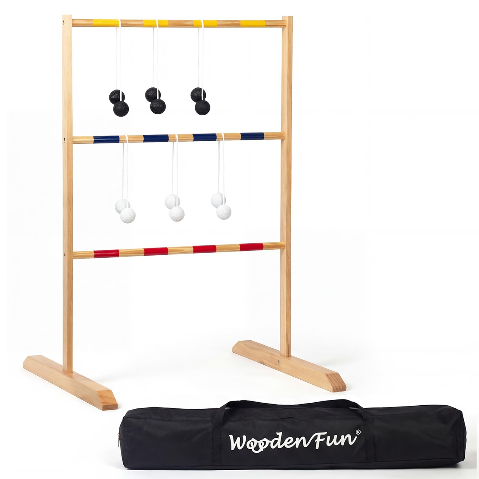 WOODENFUN Juego de escalera de golf de madera para exteriores con 9 bolas y bolsa, juego de interior y lanzamiento para adultos y niños a partir de 3 años, 90 x 62 x 58 cm