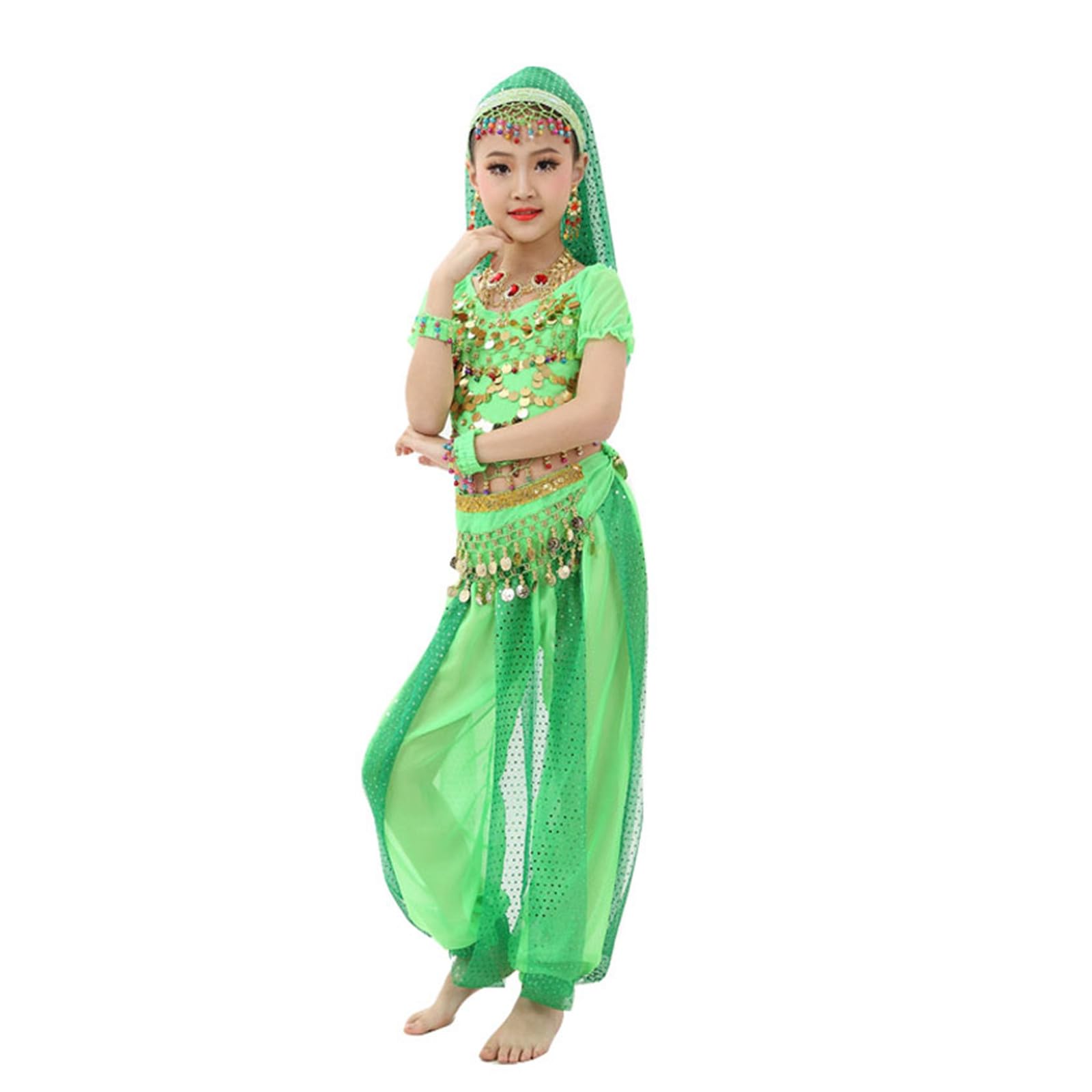 Children's Girls Belly Dance Costumes Kids Belly Dancing Cloth Kids Indian Cute Dance Costume Children's Day Sequin Outfits Girls Latin Dance Costumes Suitable for Stage Performance (Green, 7-8 Years)