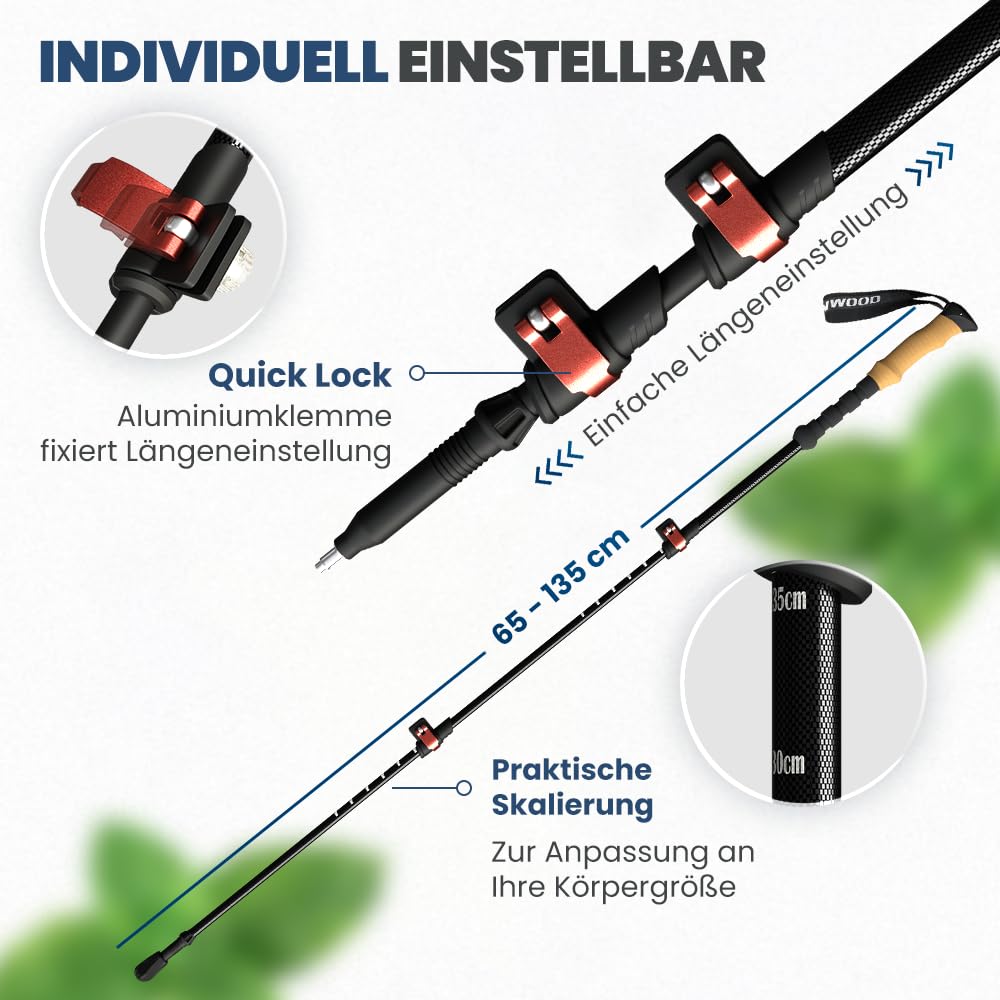 Steinwood Premium Carbon Wanderstöcke - Trekkingstöcke - extra leicht, verstellbar mit Teleskop und Klemmverschluss mit extra Gummipuffer und Tragebeutel