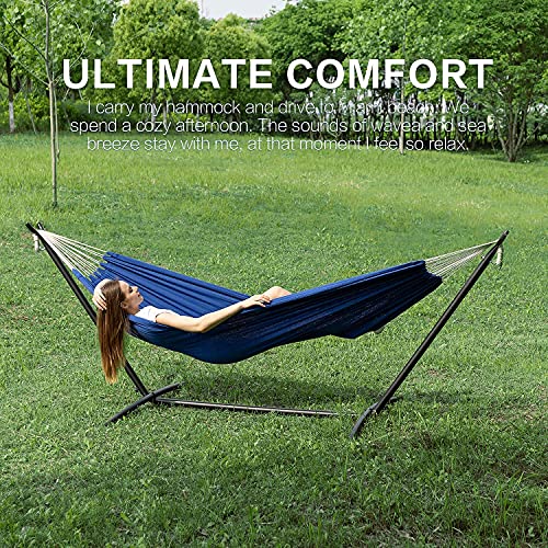 Image of PNAEUT Double Hammocks with Stand for Outside, Portable Space Saving Heavy-Duty Steel Stand for Indoor Outdoor Patio with Carrying Bag, 450 lbs Capacity (Navy)