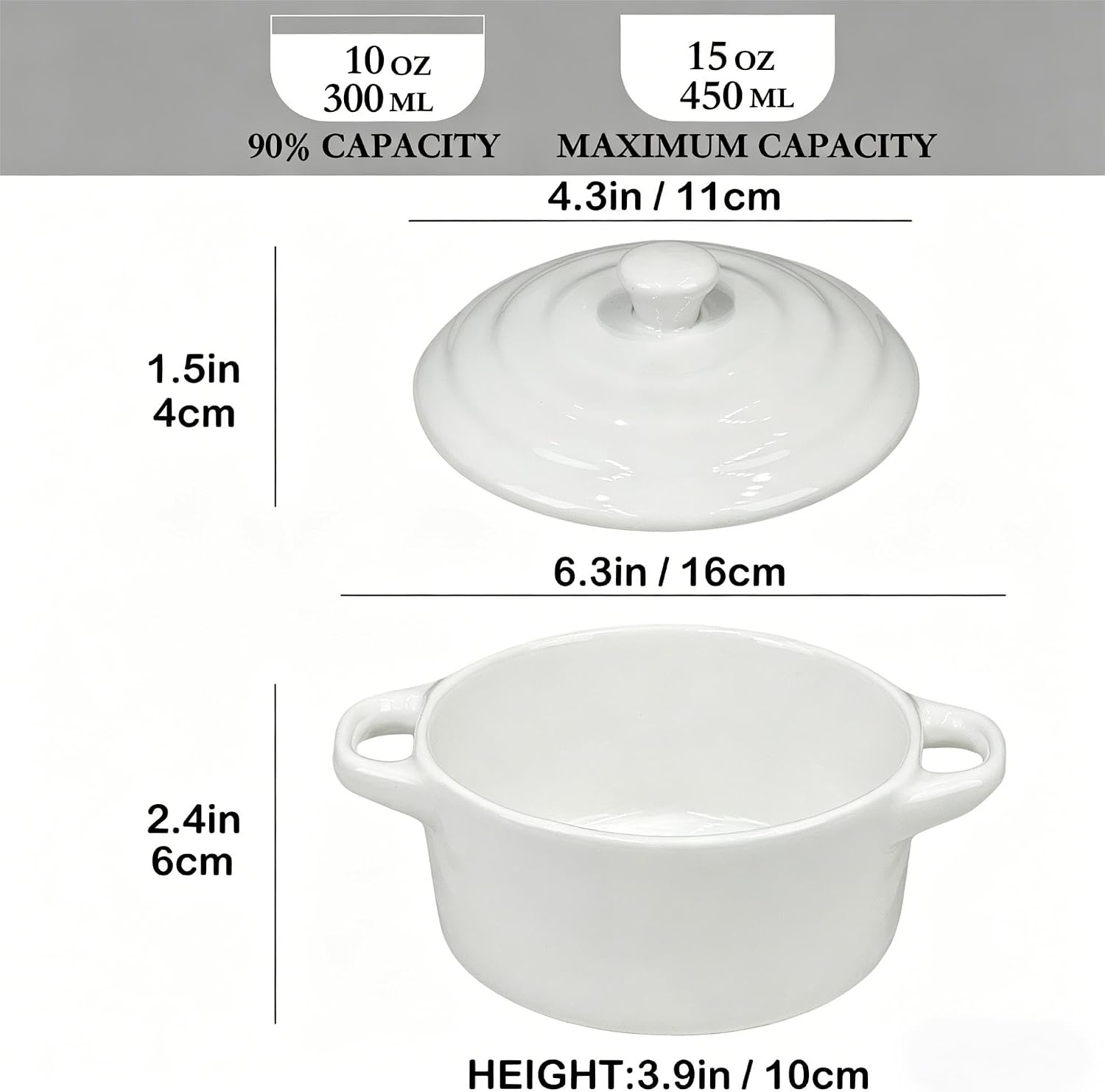 Mini Cocotte Set of 4, 15 oz Ceramic Mini Dutch Ovens with Lids and Handles, Small Casserole Dishes for Baking, Soufflé and Baked Desserts, Oven Microwave Dishwasher Safe