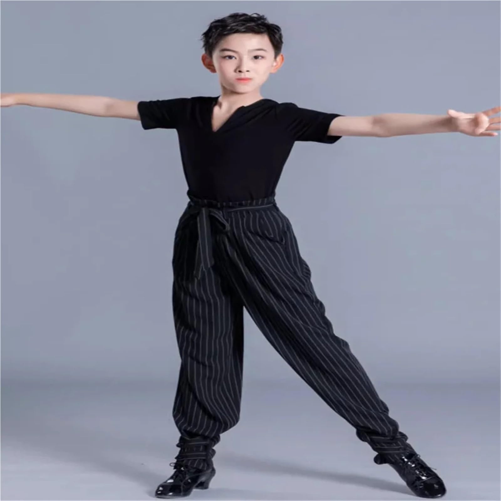 Pantalones de baile latino a rayas for niño, negros, con cordones, for chachachá, rumba y samba Para Presentaciones y Práctica de Baile
