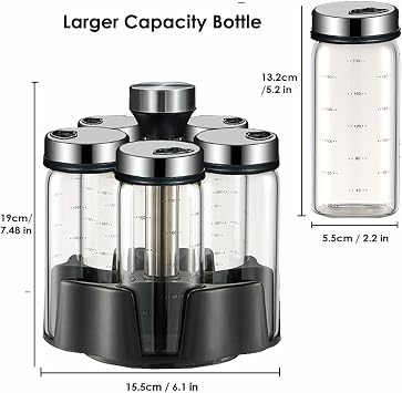 Revolving Spice Rack Organizer, Rotating Seasoning Holder Shelf with 5 Large 200ml Glass Jars for Kitchen Countertop Cabinet