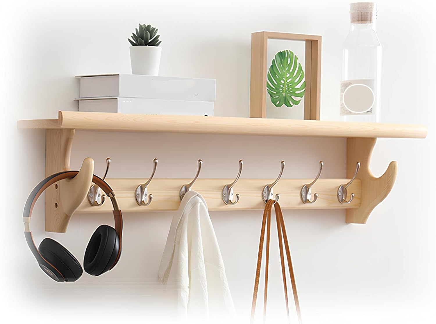 Wall Shelf with Hooks Underneath, Long Coat Rack Wall Mount with Shelf, Entryway Coat Hooks with 3/4/5/6/7 Hooks for Hanging Coats,Jacket(Natural,90.5cm/35.6in)
