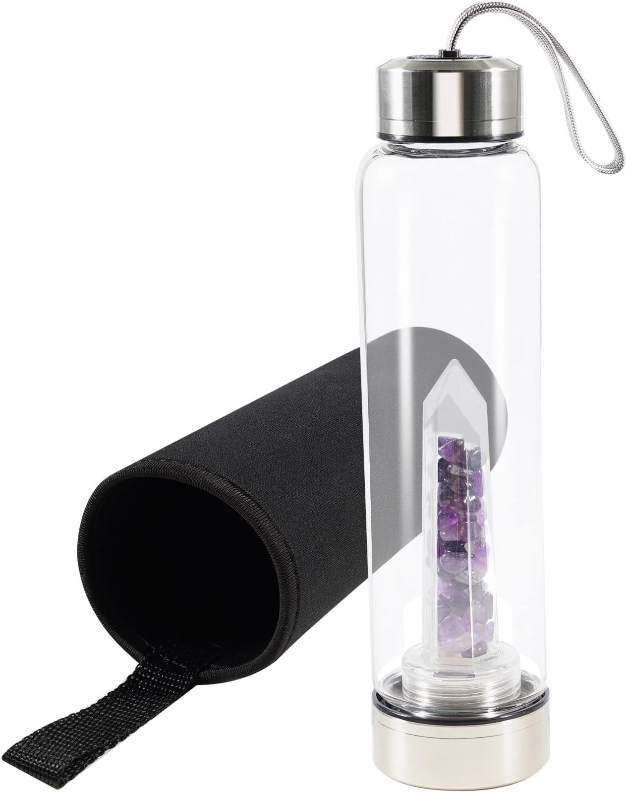 Crystal Glass Water Bottle Crystal, Drinking Flask Hexagonal Glass Protective Cover with Crushed Stones Removable Portable Proof Leak Gemstone Bottle Creative Gift- Purple/550ML