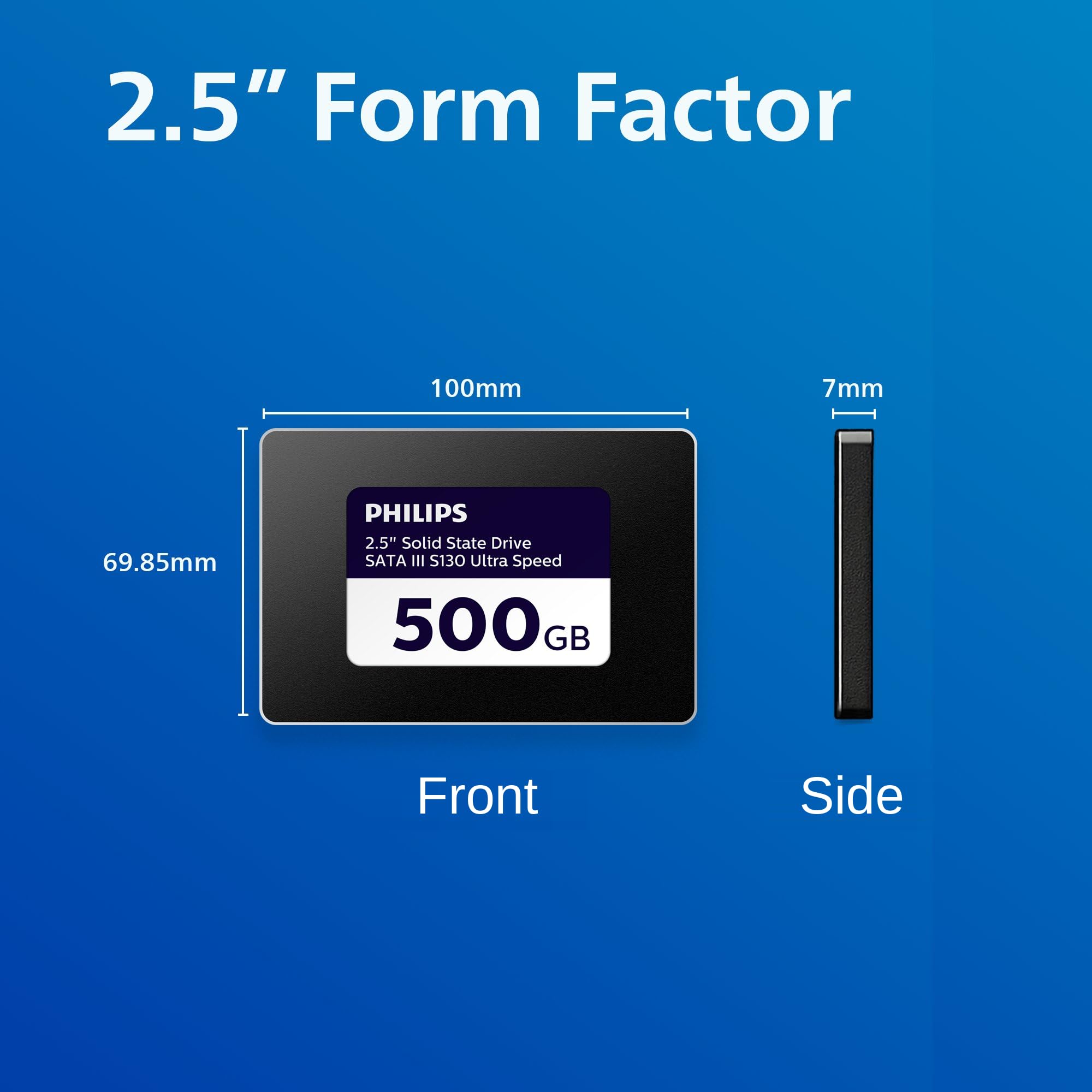 Philips SSD Interno de 2,5 Pulgadas, SATA III, 500 GB, S130 Ultra Speed, Velocidad de Lectura de hasta 550 MB/s