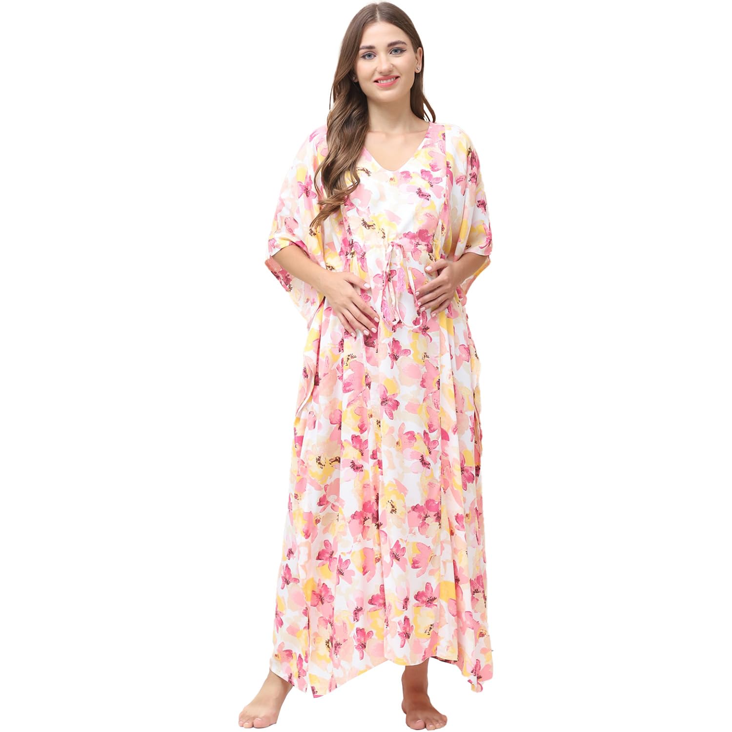 Printed Rayon Maternity Kaftan Full Length/Maxi Nighty/Free Size/Feeding/Nursing/Zipper/Drawstring