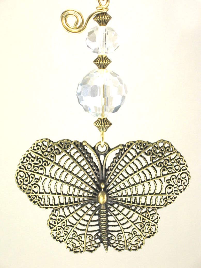 Large Brass Filigree Butterfly and Crystal Clear Glass Ceiling Fan Pull