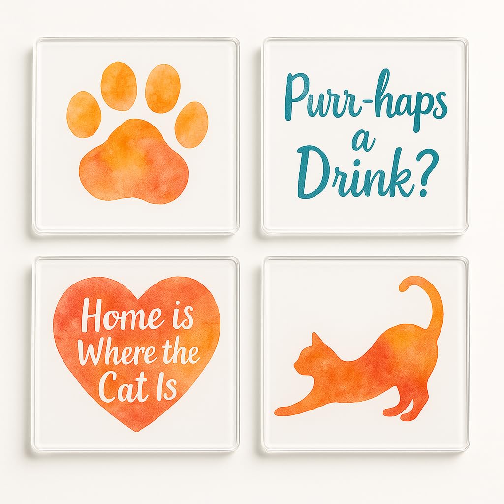 The Plum Penguin Whisker Whimsy Acrylic Coaster Gift Set Of 4 With Cat-Inspired Whimsical Art - Drinkware For Cat Lovers' Home Decor