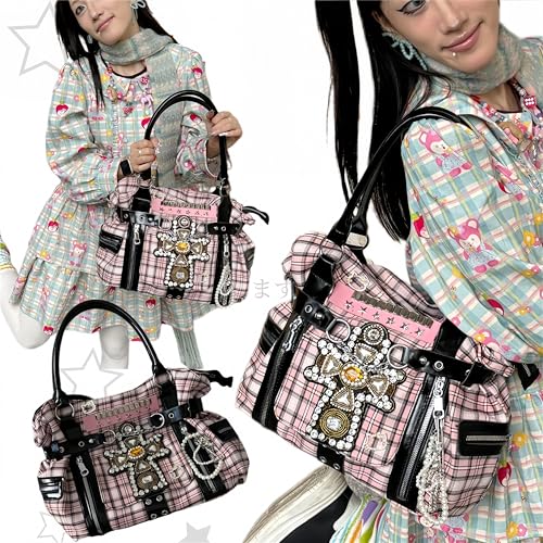 Gothic Tote Bag Womens Rhinestone Cross Leather Canvas Handbag Pink Plaid Punk Y2k 2000s Accessories Goth Bag3