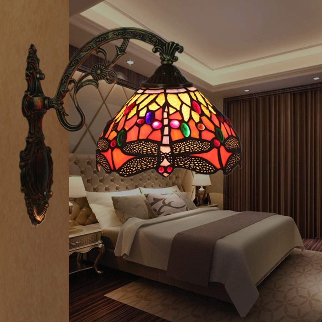 Kinkiety 8-calowe Tiffany Art Led Light Rood Dragonfly Lighting Ciepłe Lustro Przednia Lampa Do Korytarza Nawy Salon Sypialnia Kawiarnia