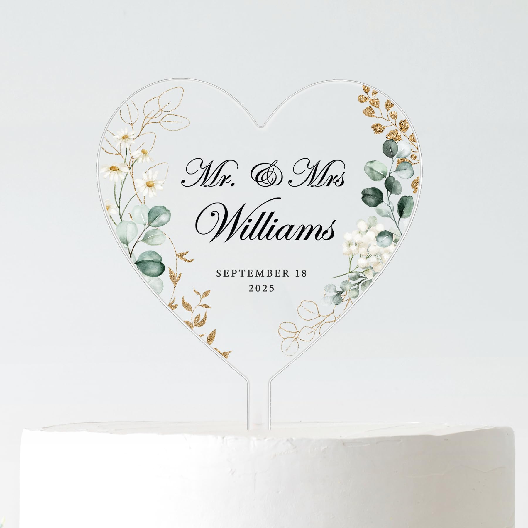 Personalised Wedding Cake Topper | Heart Cake Decoration with Names & Date | Mr & Mrs Wedding Cake Topper | Frosted Acrylic | 10cm or 12cm (BLACK TEXT, 10CM)